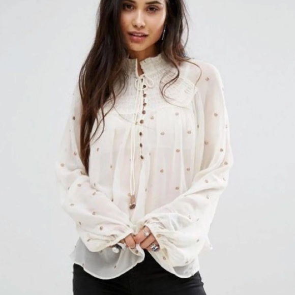 Free People Tops - Free People Boho Ivory Gold Embroider Dot Blouse M